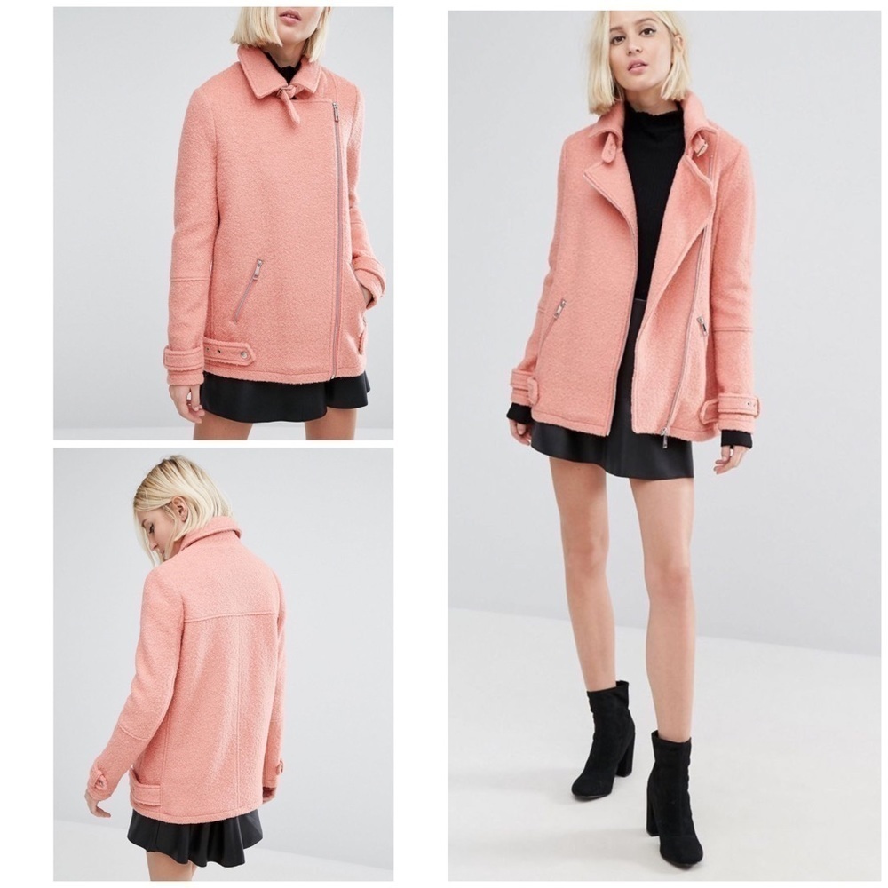 EUC ASOS River Island Borg Aviator Oversized Boulce Moto Zip Teddy Pink Jacket‍‍